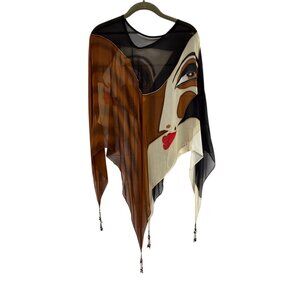 Hand-Painted Sheer Poncho With Abstract Face Design & Beaded Tassels